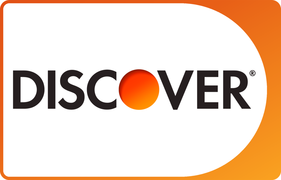 The Discover credit card logo features the word "DISCOVER" in bold black letters, with an orange gradient circle as the "O," on a white background with orange shading on the right edge.