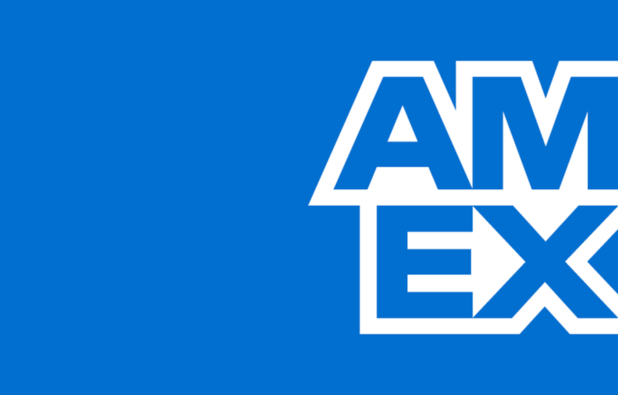 The image shows the American Express (Amex) logo in bold white and blue letters against a solid blue background. The logo is partially visible on the right side of the image.