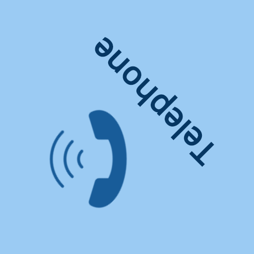 A blue telephone receiver icon with curved signal lines appears next to the word “telephone,” both tilted at an angle, on a light blue background.